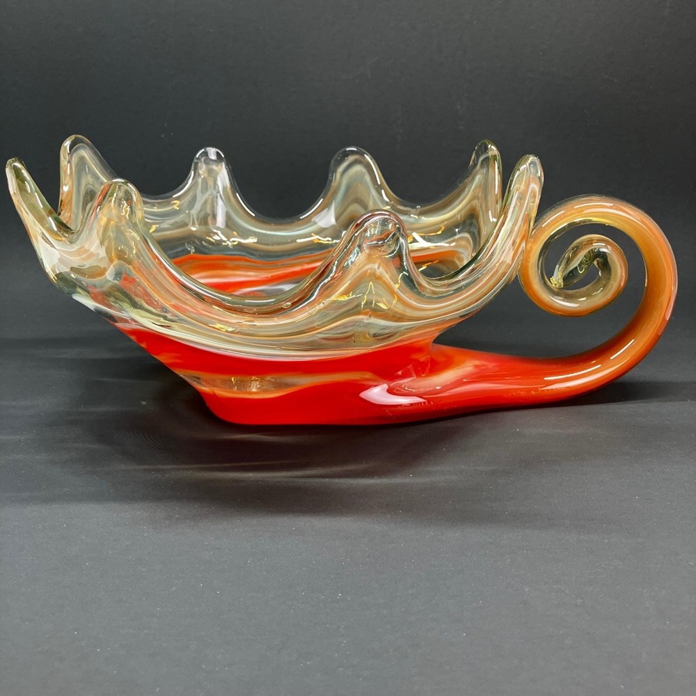Murano Style Art Glass Bowl Orange Swirl 10in Snail Handle Centerpiece Unbranded